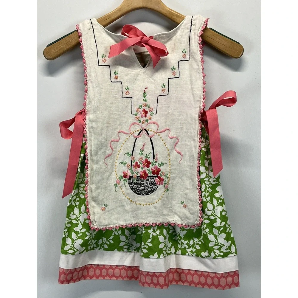 Handmade Girls Dress From Vintage Embroidered Tea Towel GUC Cottage Core Apron